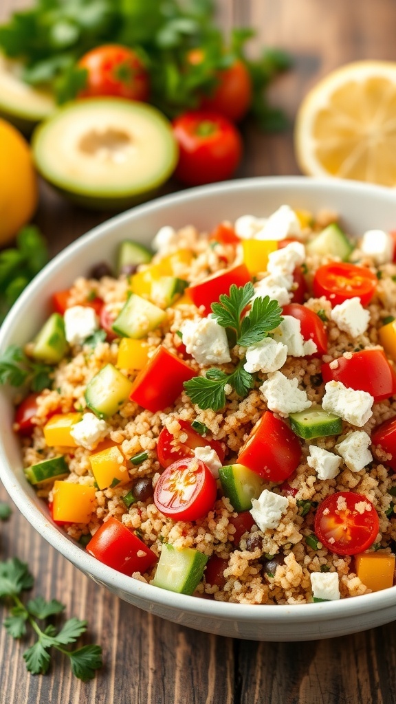 A colorful Mediterranean quinoa salad with cherry tomatoes, cucumber, bell pepper, feta cheese, and parsley in a bowl.